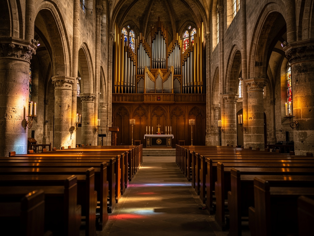 Pfeifenorgel in einer warm beleuchteten Kirche