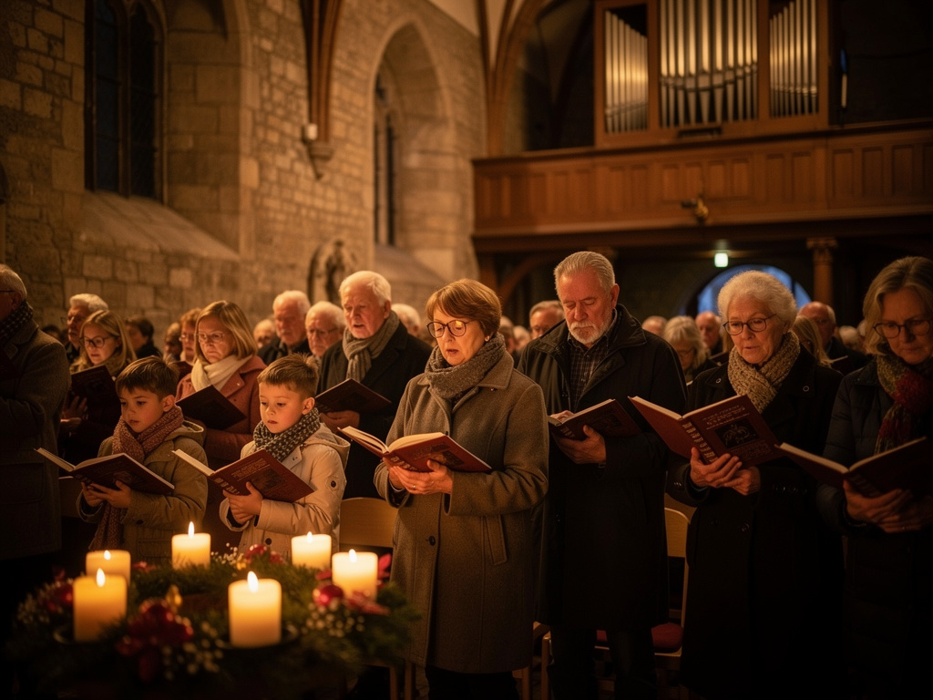 Gemeinde singt Adventslieder im Gottesdienst einer historischen Kirche mit Adventskranz