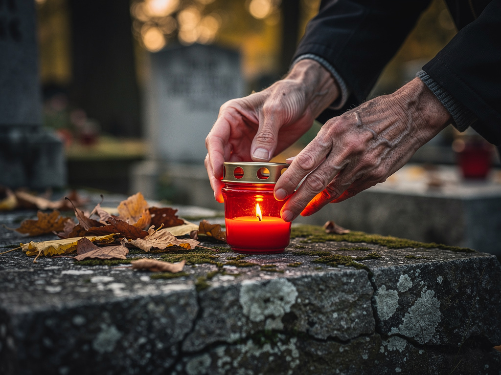 Hände stellen ein rotes Grablicht auf ein Grab – Totengedenken an Allerseelen im Herbst
