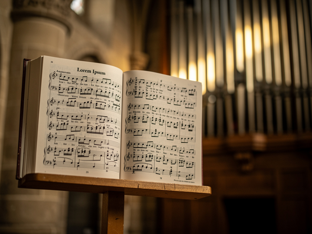 An open hymnal on a music stand, with a large pipe organ in the background