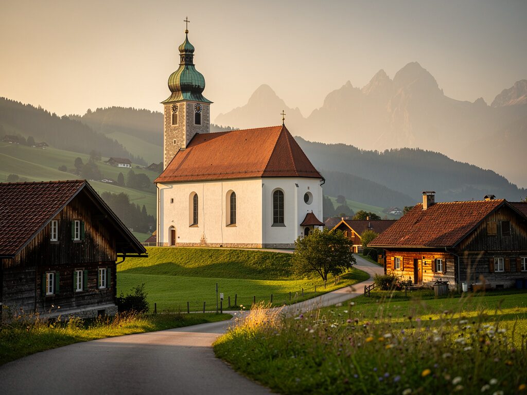 Bayerische Dorfkirche mit Zwiebelturm vor den Alpen im Abendlicht
