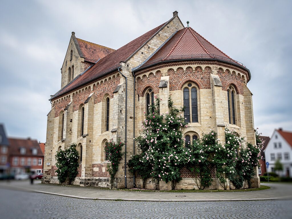 Romanischer Hildesheimer Dom mit Rosenstock an der Apsis