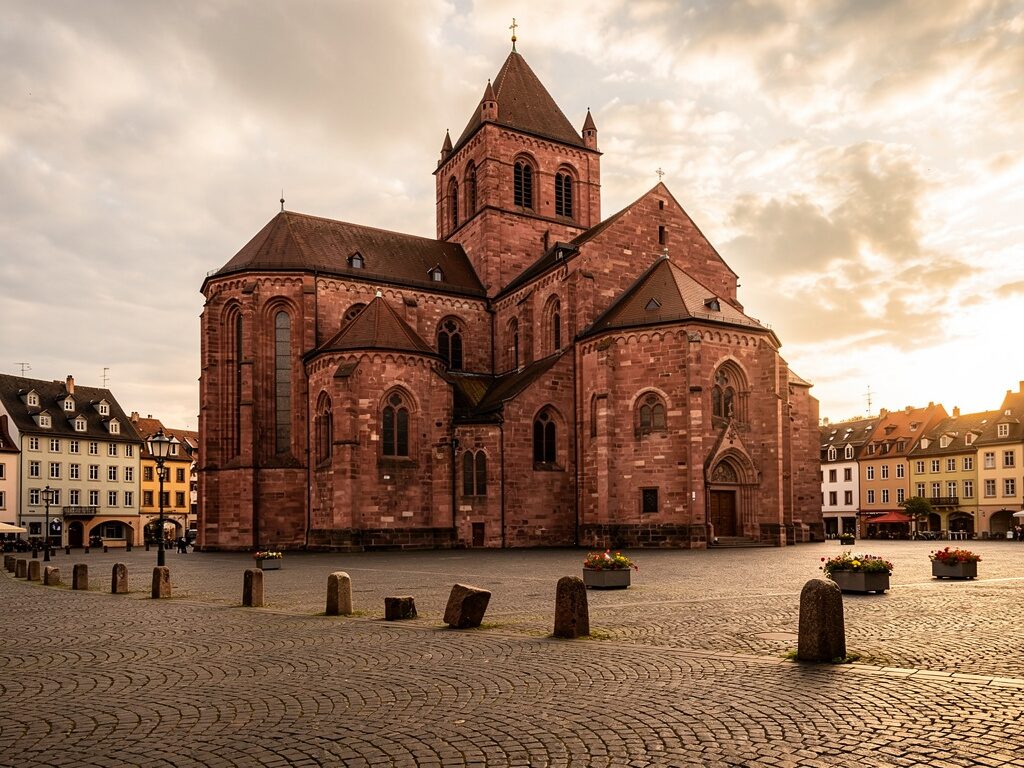 Roter Sandstein-Kaiserdom mit hohem Vierungsturm über der Mainzer Altstadt