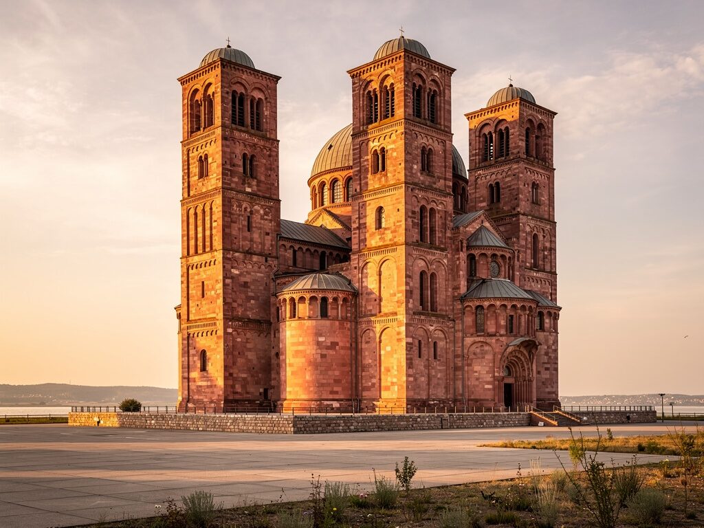 Mächtiger romanischer Kaiserdom aus rotem Sandstein in der Rheinebene bei Speyer