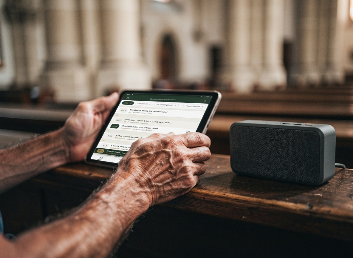Hände bedienen die eKlecia® Orgel-App auf einem Tablet in der Kirchenbank, daneben ein Bluetooth-Lautsprecher