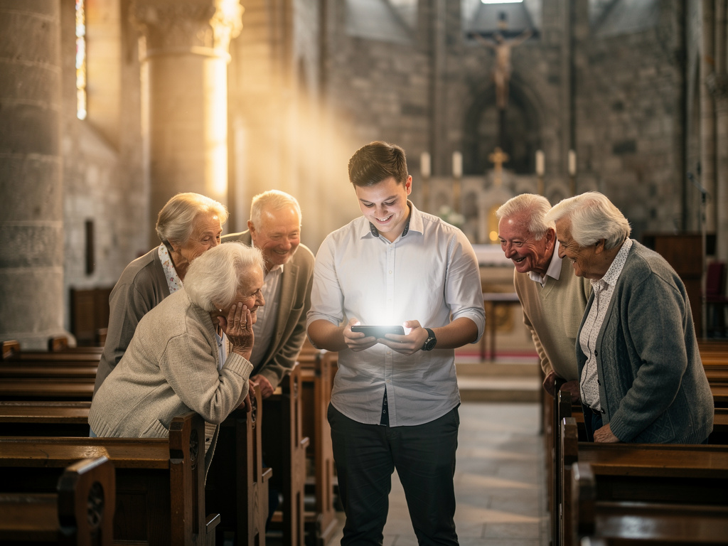 eKlecia® – Junger Mann zeigt eKlecia-App auf dem Smartphone einer begeisterten Gruppe älterer Kirchgänger