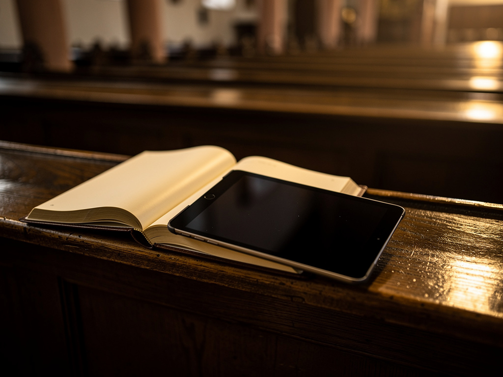 Tablet neben einem aufgeschlagenen Gesangbuch auf einer Kirchenbank – die eKlecia®-App jetzt auch fürs Tablet