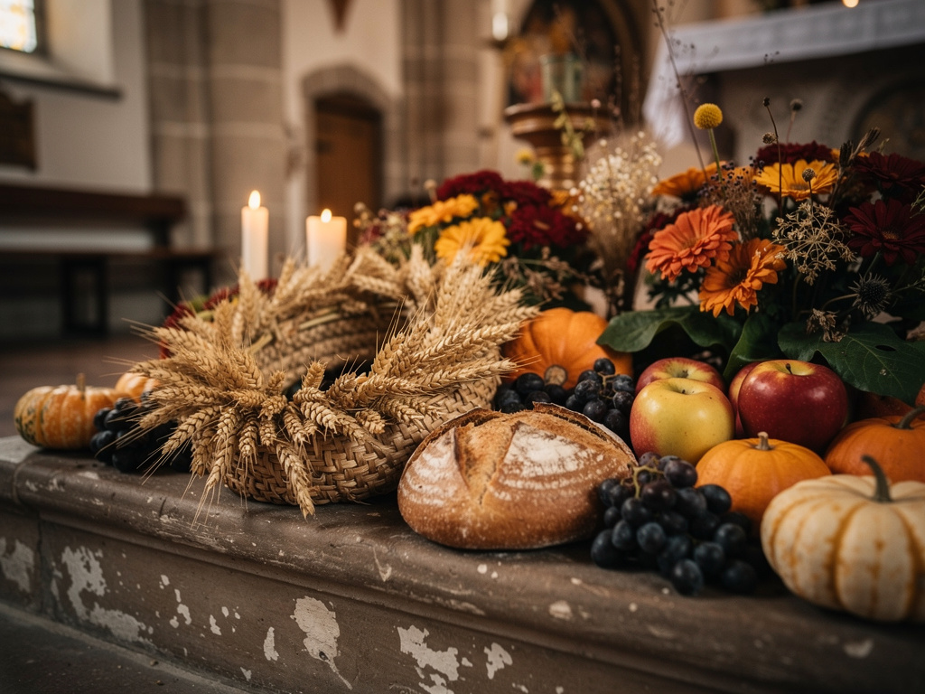 Erntedankaltar mit Erntekrone aus Weizen, Brot, Trauben und Kürbissen in einer Kirche
