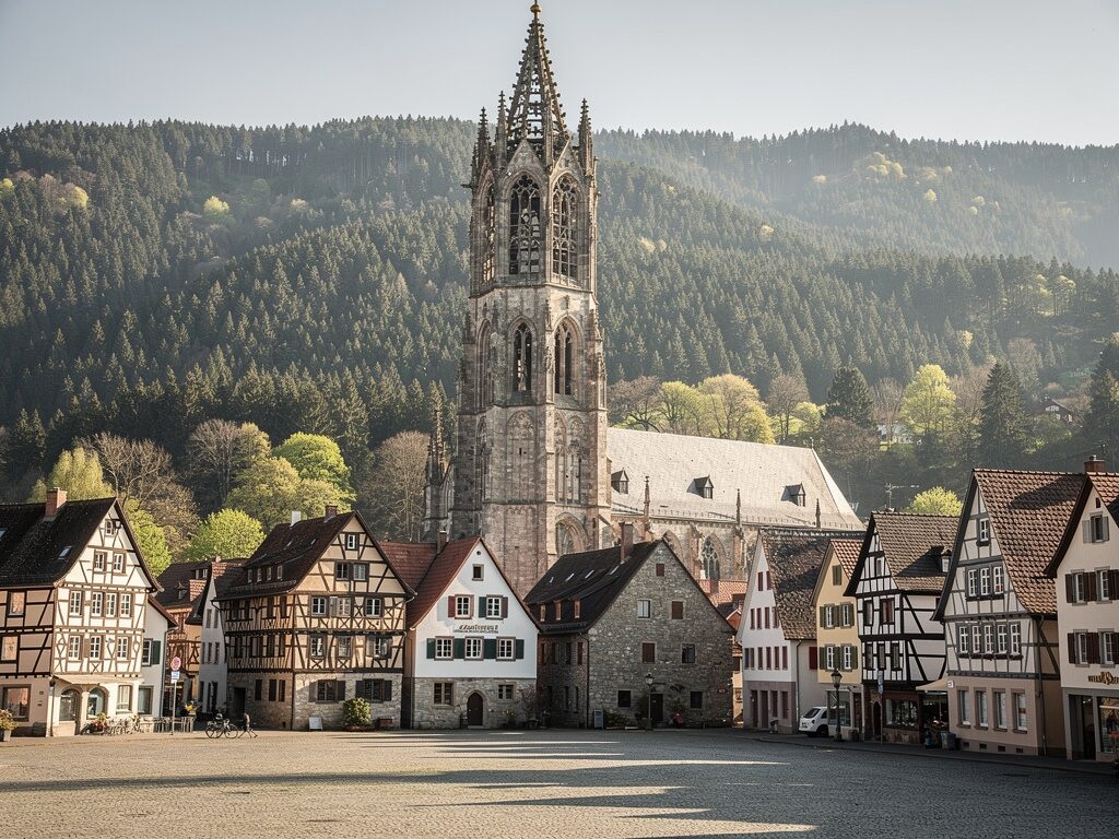 Gotisches Münster mit filigranem durchbrochenem Turm in einer Schwarzwaldstadt