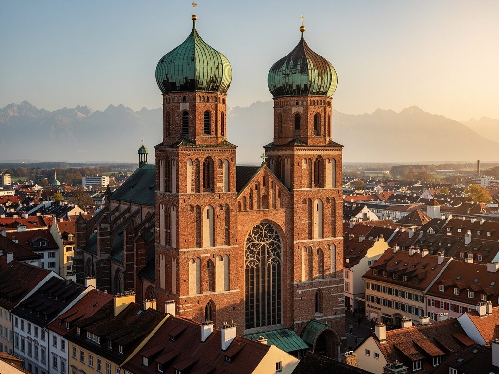 Backsteindom mit zwei Zwiebeltürmen über München, Alpen am Horizont