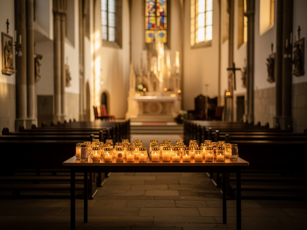 Kerzen für die Verstorbenen vor dem Altar in einer Kirche – Gedenkgottesdienst zu Allerseelen
