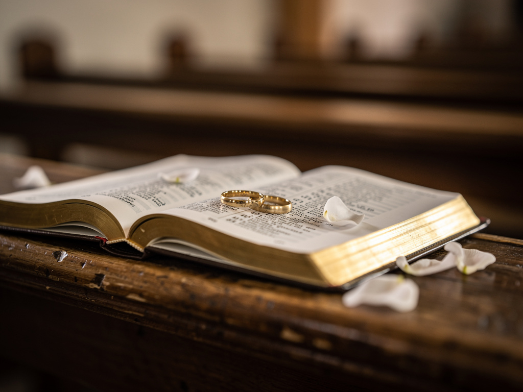 Aufgeschlagenes Gesangbuch mit zwei goldenen Eheringen auf einer Kirchenbank – Hochzeitslieder zur kirchlichen Trauung