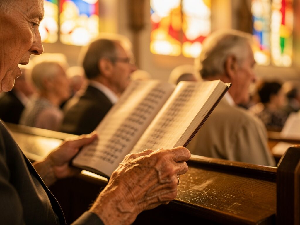 Gemeinde singt im Gottesdienst aus dem Gesangbuch, Orgelbegleitung, Kirchenbänke und Buntglasfenster