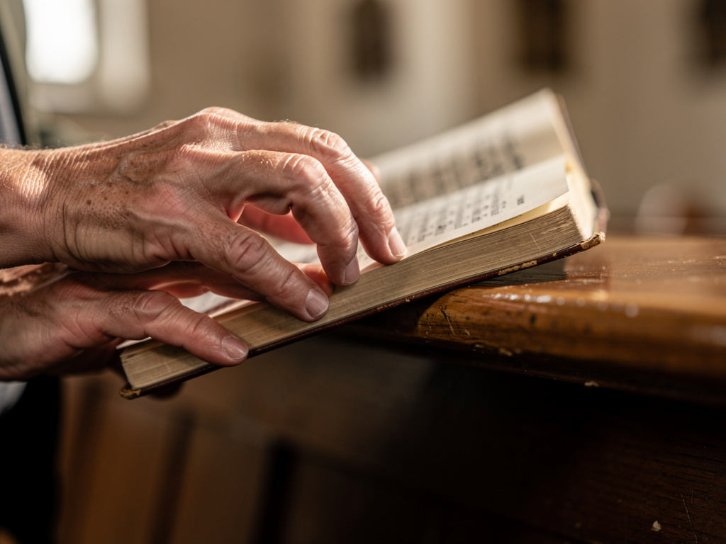 Hands leafing through the thin pages of a church hymnal in search of a hymn