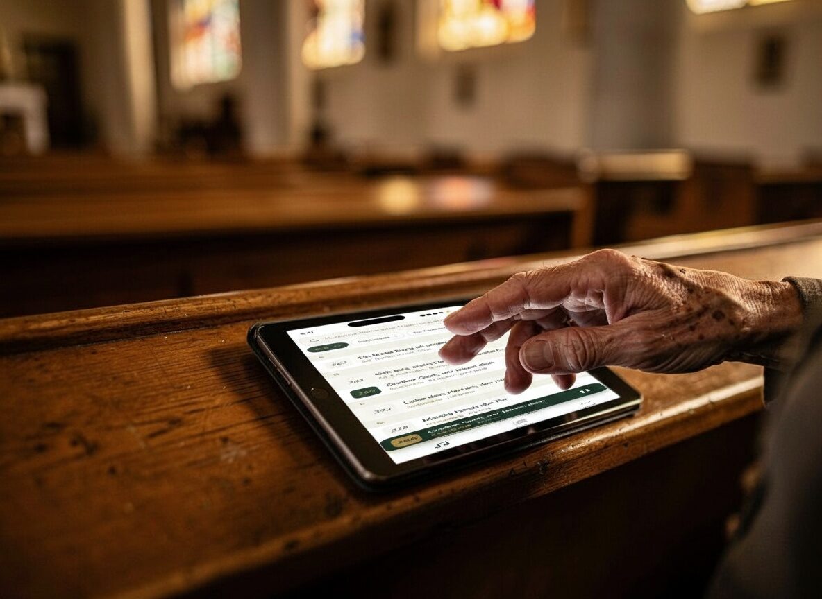 Hand startet Orgelmusik auf einem Tablet in der Kirchenbank – diskrete Bedienung im Gottesdienst ohne Organist