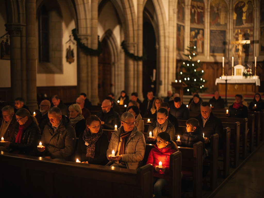 Gemeinde mit Kerzen im Heiligabend-Gottesdienst, Stille-Nacht-Stimmung in der Kirche