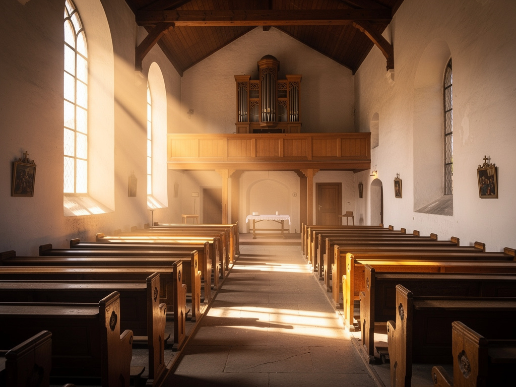 Helle Dorfkirche mit Orgel auf der Empore im Morgenlicht – verlässliche Kirchenmusik mit der eKlecia®-App