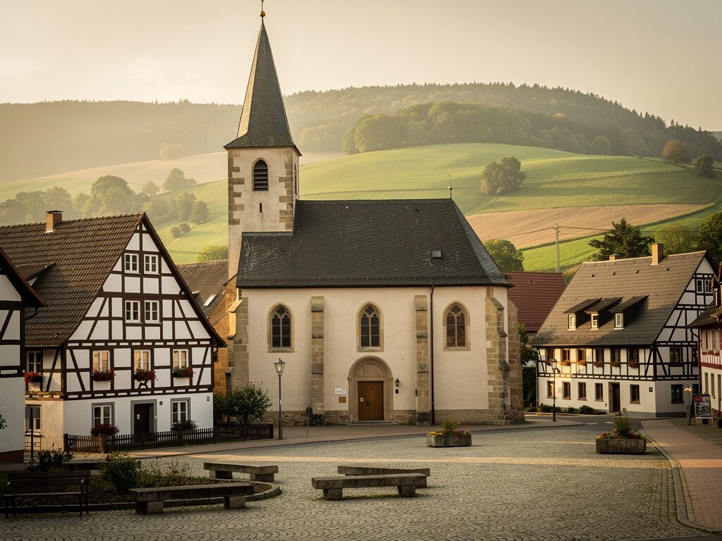 Hessische Dorfkirche zwischen Fachwerkhäusern vor grünen Hügeln