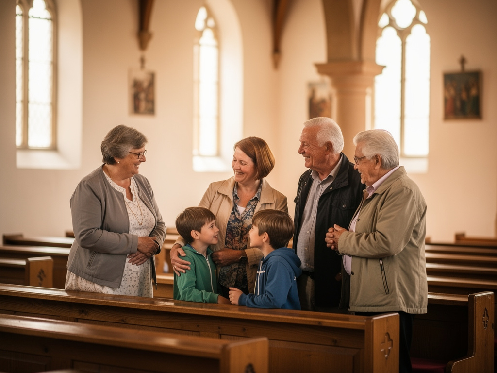 Gemeindemitglieder verschiedener Generationen im Gespräch nach dem Gottesdienst in einer Dorfkirche