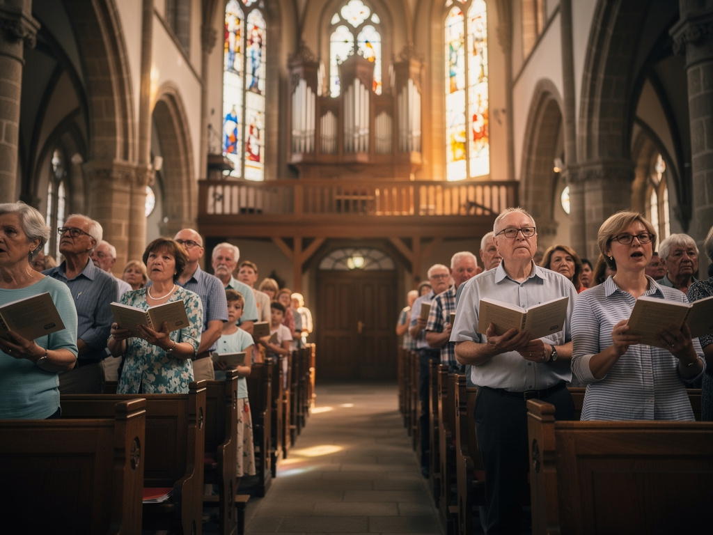 Kirchengemeinde singt gemeinsam im Gottesdienst zu würdiger Orgelmusik