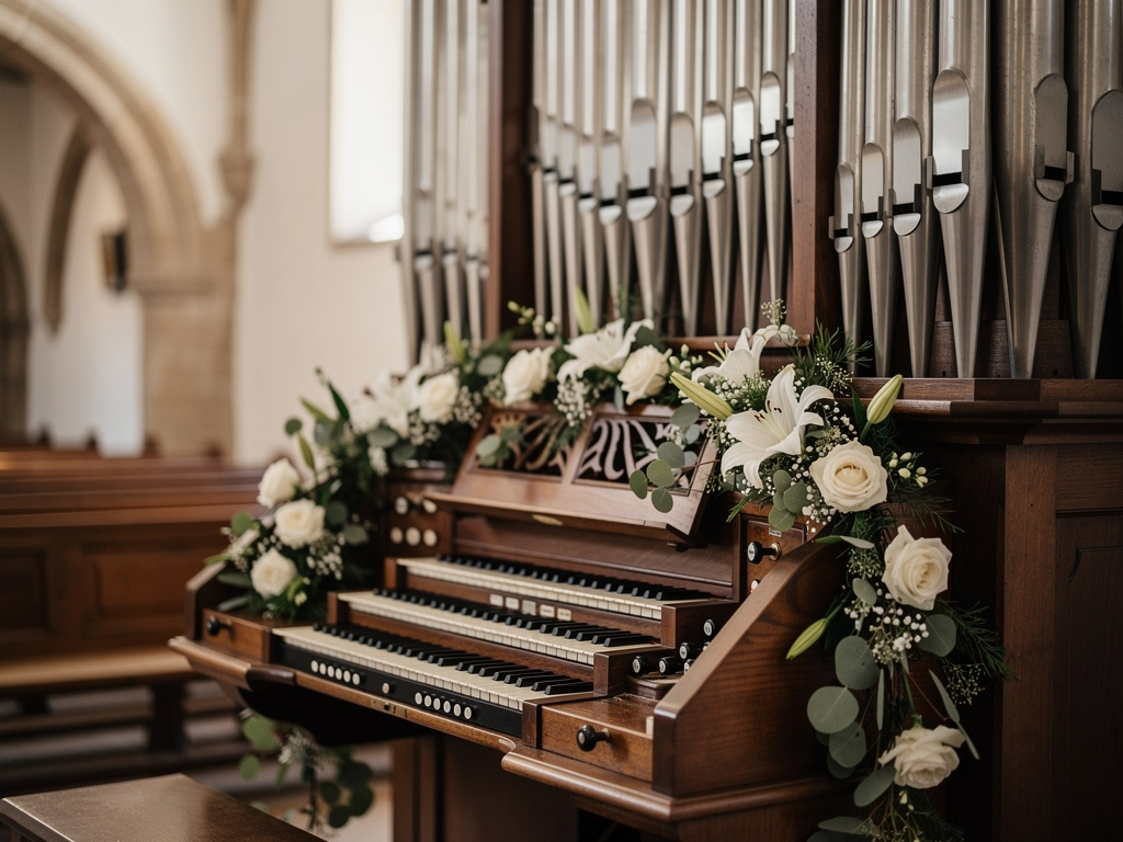 Mit weißen Blumen geschmückte Kirchenorgel zur Trauung – festliche Orgelmusik zur kirchlichen Hochzeit