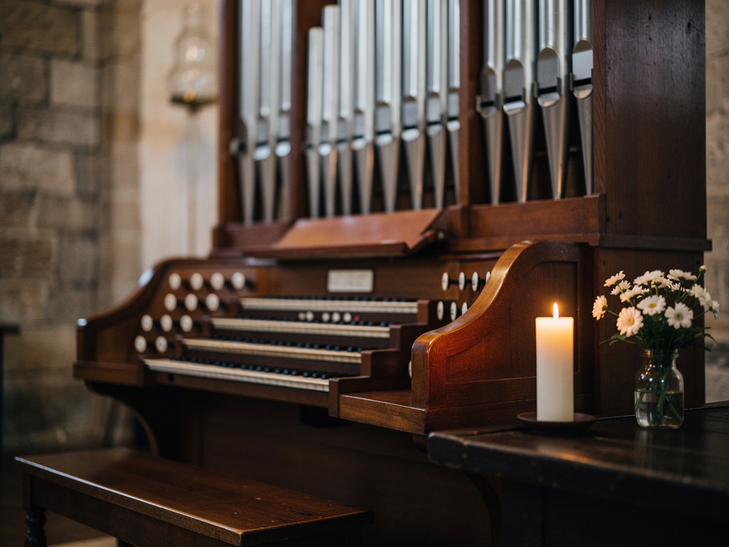 Kirchenorgel mit Kerze und weißen Blumen in einer stillen Dorfkirche – würdige Orgelmusik zur Trauerfeier
