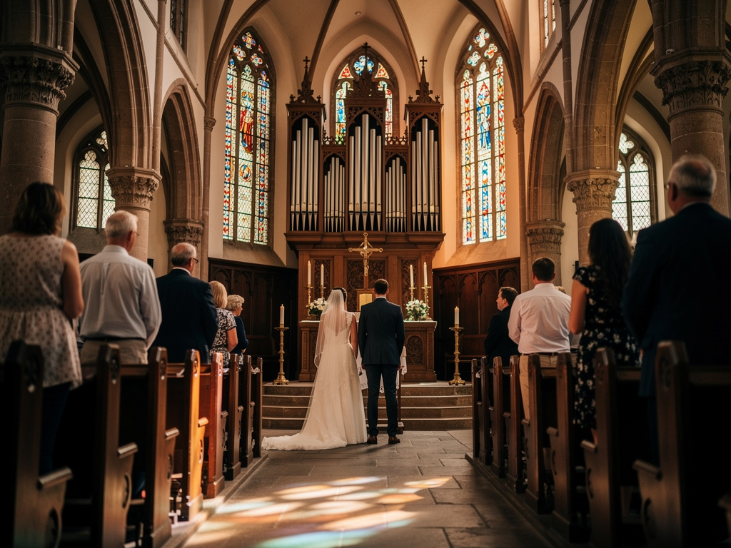 Kirchliche Trauung in einer historischen Kirche, Brautpaar am Altar, Orgel im Hintergrund