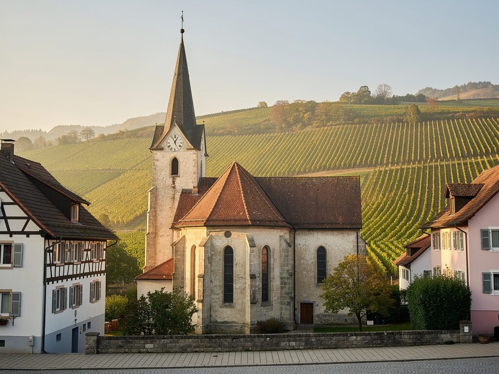 Evangelische Stadtkirche mit Turm vor Weinbergen in einer badischen Stadt