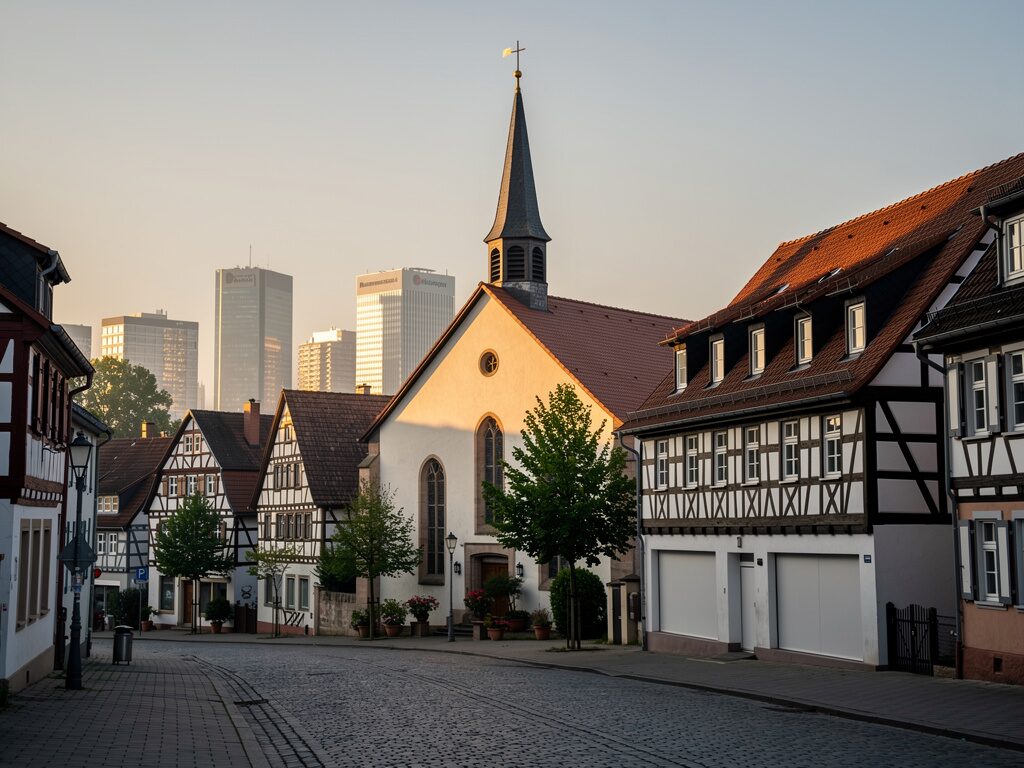 Evangelische Stadtkirche mit Fachwerk und ferner Skyline im Rhein-Main-Gebiet