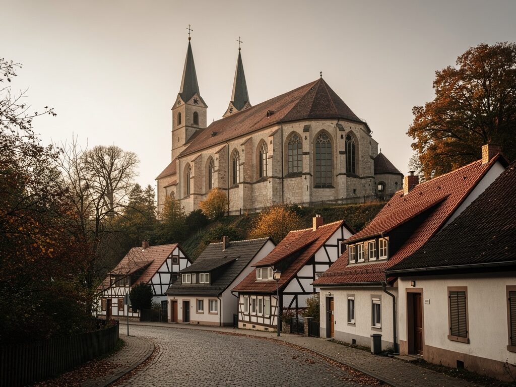 Frühgotische evangelische Hallenkirche mit zwei Türmen auf einem Hügel in Nordhessen