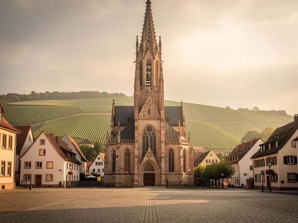 Neugotische evangelische Gedächtniskirche mit hohem Turm in einer Pfalzstadt
