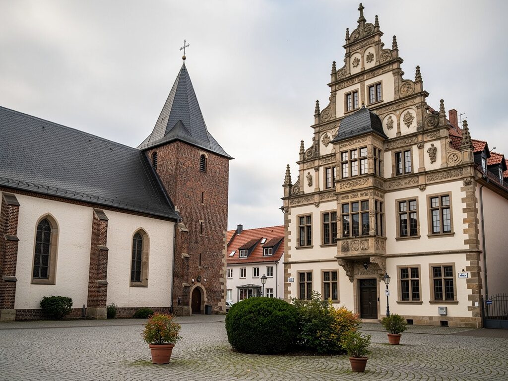 Evangelische Stadtkirche neben einem Weser-Renaissance-Schloss in einer kleinen Stadt