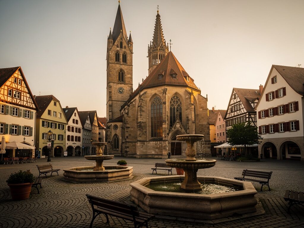 Gotische evangelische Stiftskirche mit zwei Türmen im Zentrum einer schwäbischen Stadt