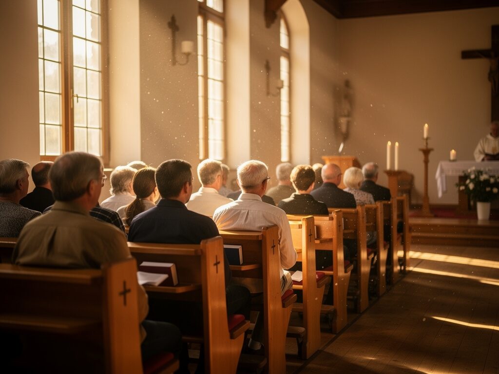 Gottesdienst in einer kleinen Landkirche im warmen Licht – die Feier findet würdig statt, auch ohne Organist