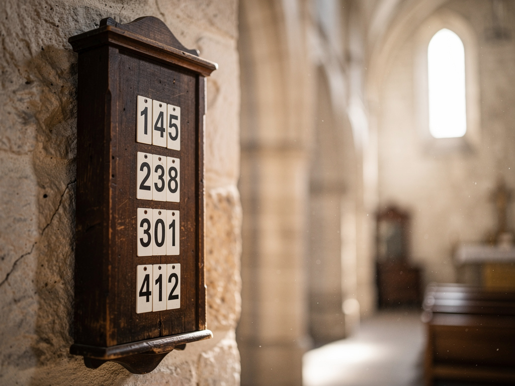 Hölzerner Liedanzeiger mit Liednummern an einer Kirchenwand – das richtige Lied schnell finden