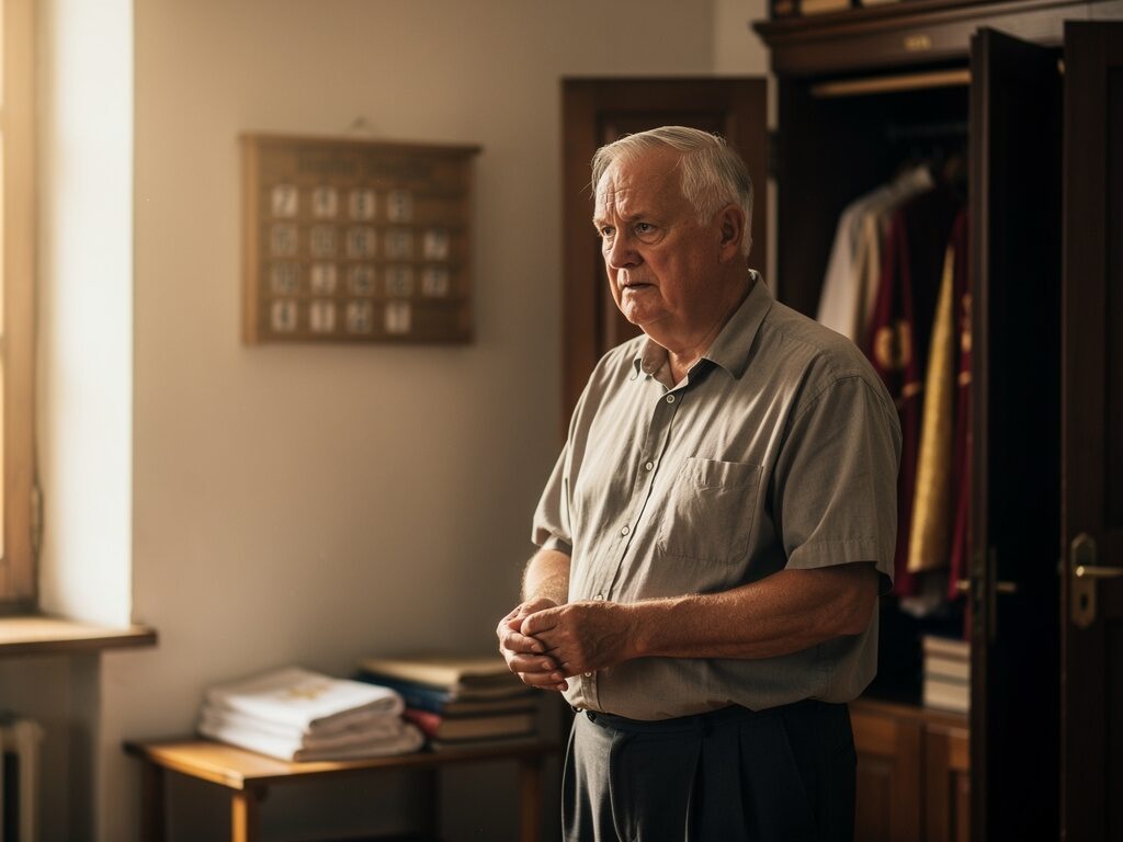 Nachdenklicher Mesner in der Sakristei vor dem Gottesdienst – der Organist ist ausgefallen, was nun?