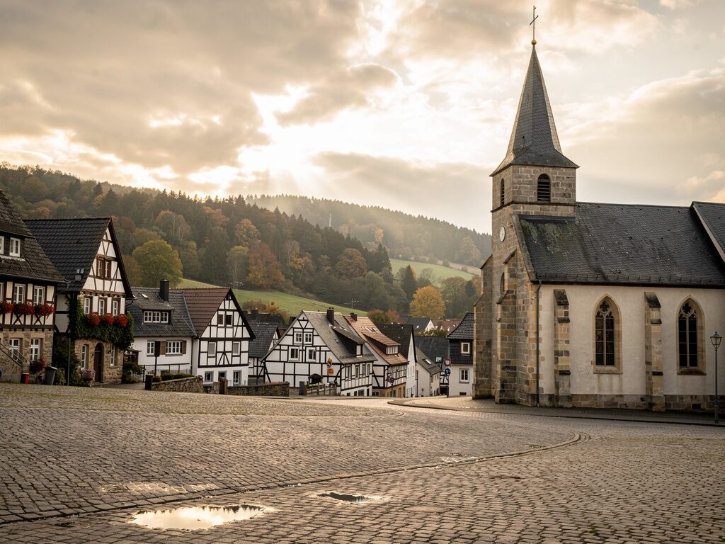 Westfälische Pfarrkirche mit Steinturm an einem Fachwerk-Marktplatz