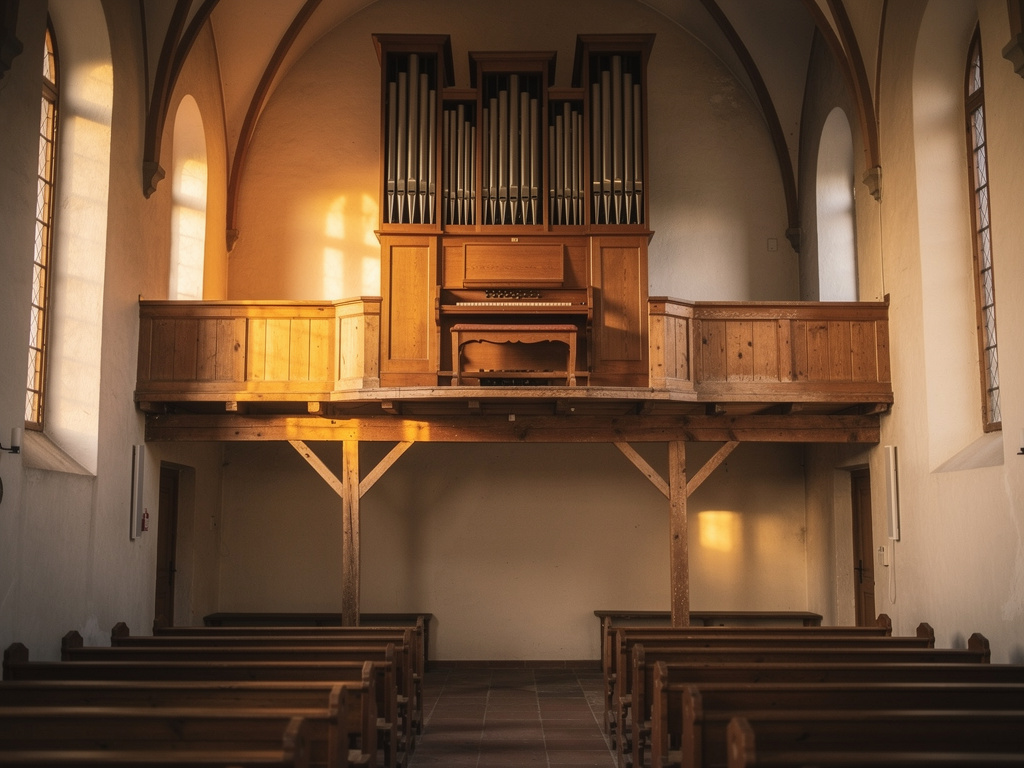 Leere Orgelempore mit verwaister Orgelbank in einer kleinen Dorfkirche als Sinnbild für den Organistenmangel