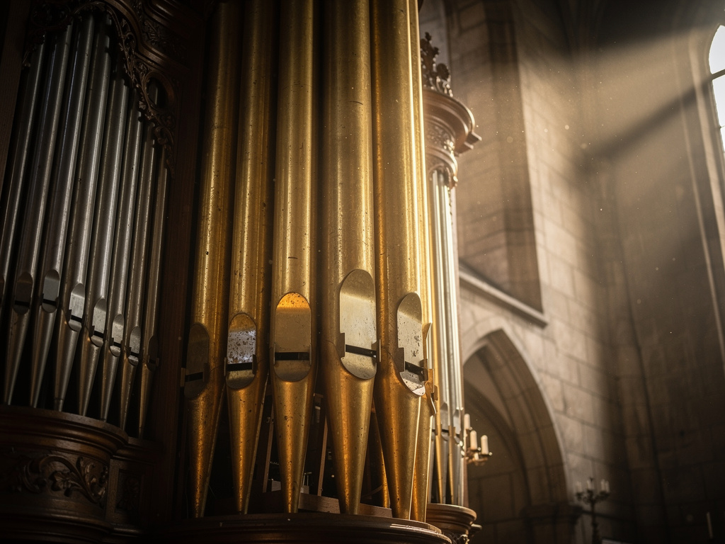 Goldene Orgelpfeifen im warmen Licht einer historischen Kirche, Detailaufnahme