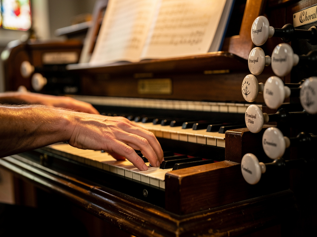 Hände an Orgeltasten und Registern mit aufgeschlagenen Noten – Vorspiel und Intonation an der Kirchenorgel