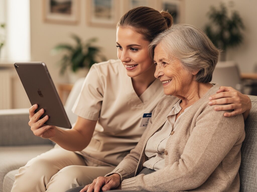 Pflegekraft zeigt einer Seniorin die eKlecia® Orgel-App auf dem Tablet – vertraute Kirchenlieder im Pflegeheim