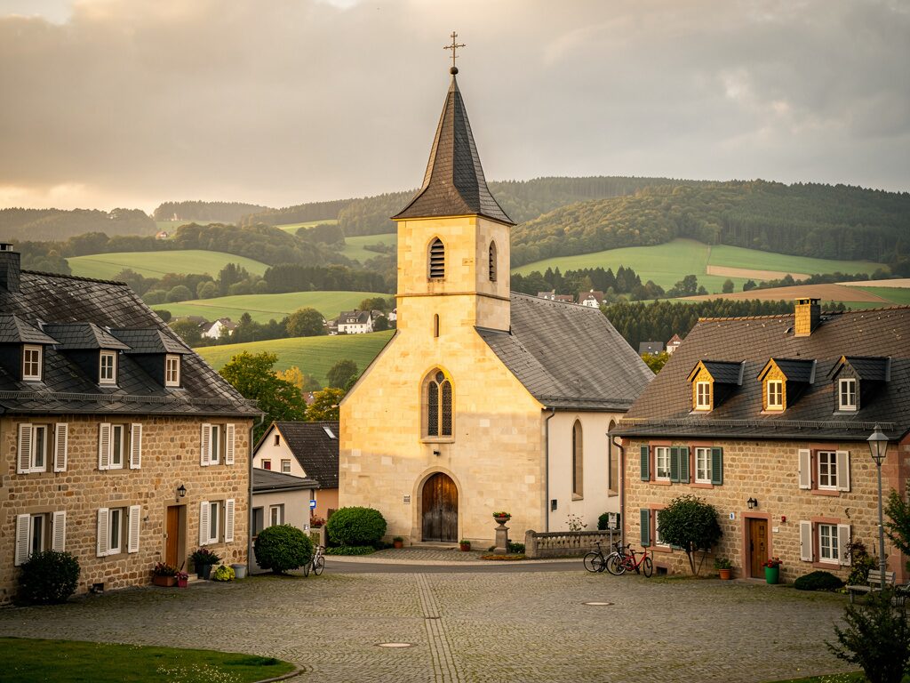 Saarländische Dorfkirche mit Sandsteinturm in hügeliger Landschaft