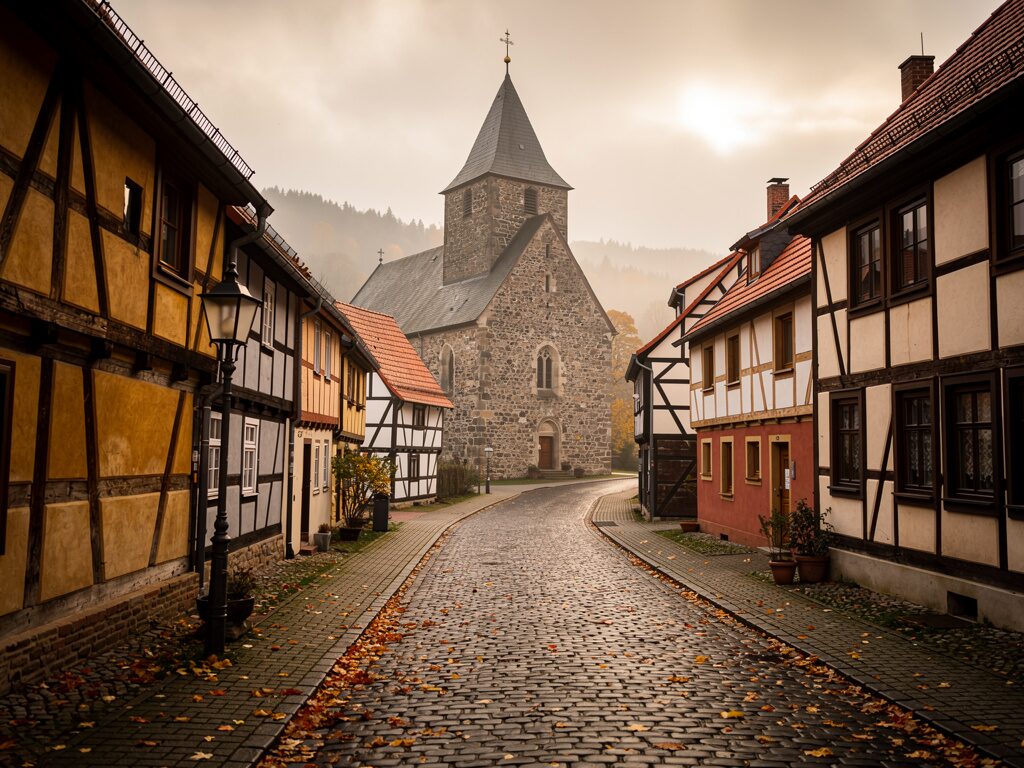 Stadtkirche zwischen Fachwerkhäusern in einer Harzstadt in Sachsen-Anhalt
