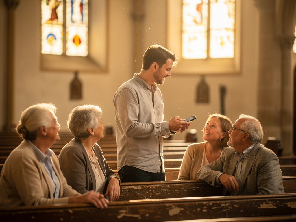 Junger Mann erklärt eKlecia® auf dem Smartphone einer Gruppe älterer Kirchenmitglieder