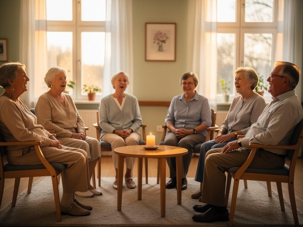 Senioren bei einer Andacht im Pflegeheim singen gemeinsam – Kirchenlieder wecken Erinnerungen bei Demenz