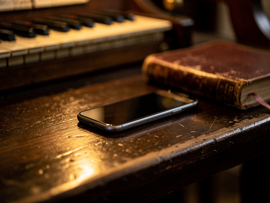 Smartphone auf der Holzbank einer Kirchenorgel neben einem alten Gesangbuch – digitale Orgelmusik trifft Tradition