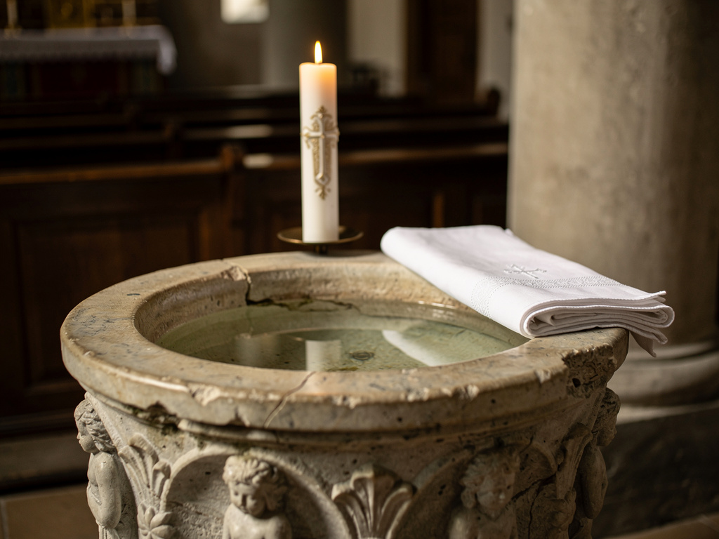 Antica fonte battesimale in pietra con acqua, candela battesimale accesa e panno bianco del battesimo in una chiesa