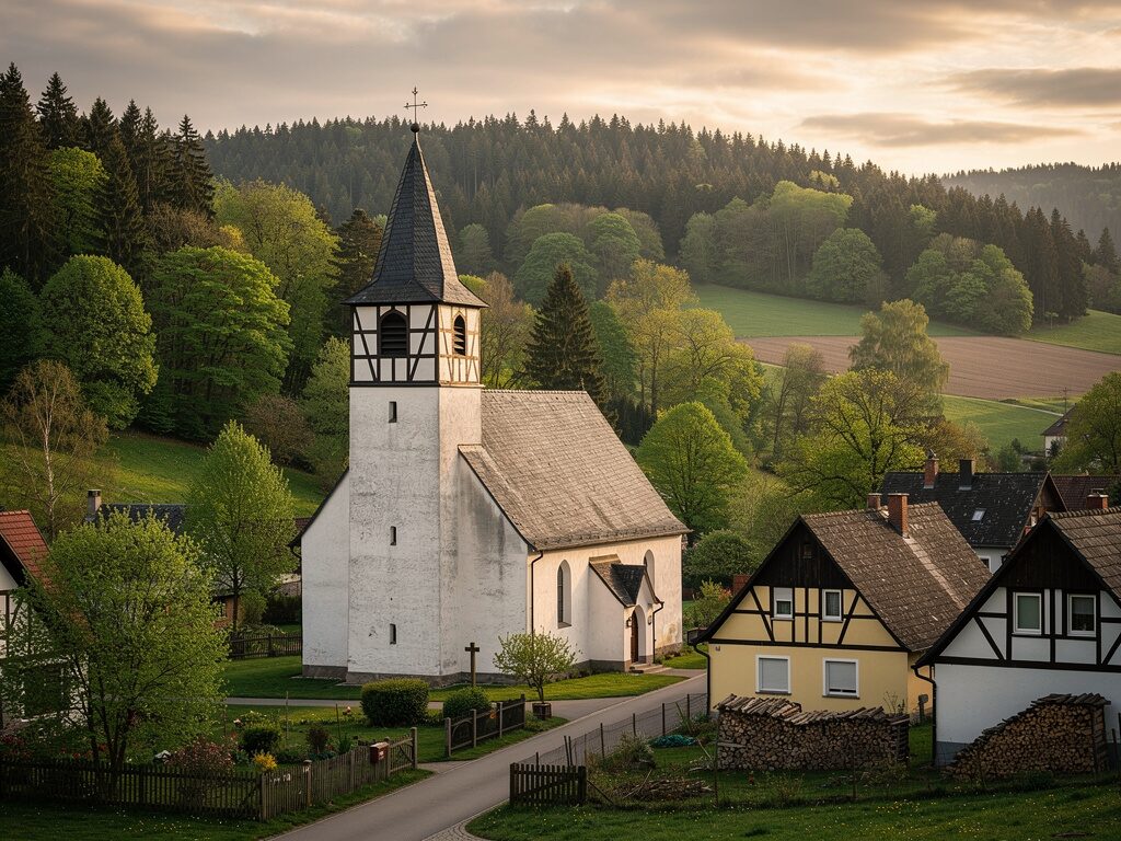 Thüringer Dorfkirche mit Fachwerkturm in den Wäldern des Thüringer Waldes