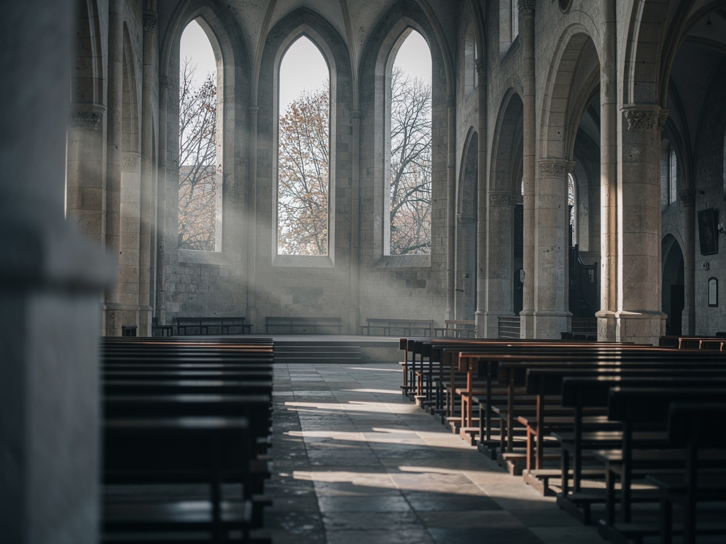 Historische Kirche im kühlen November-Licht, kahle Äste vor den Fenstern, leere Kirchenbänke