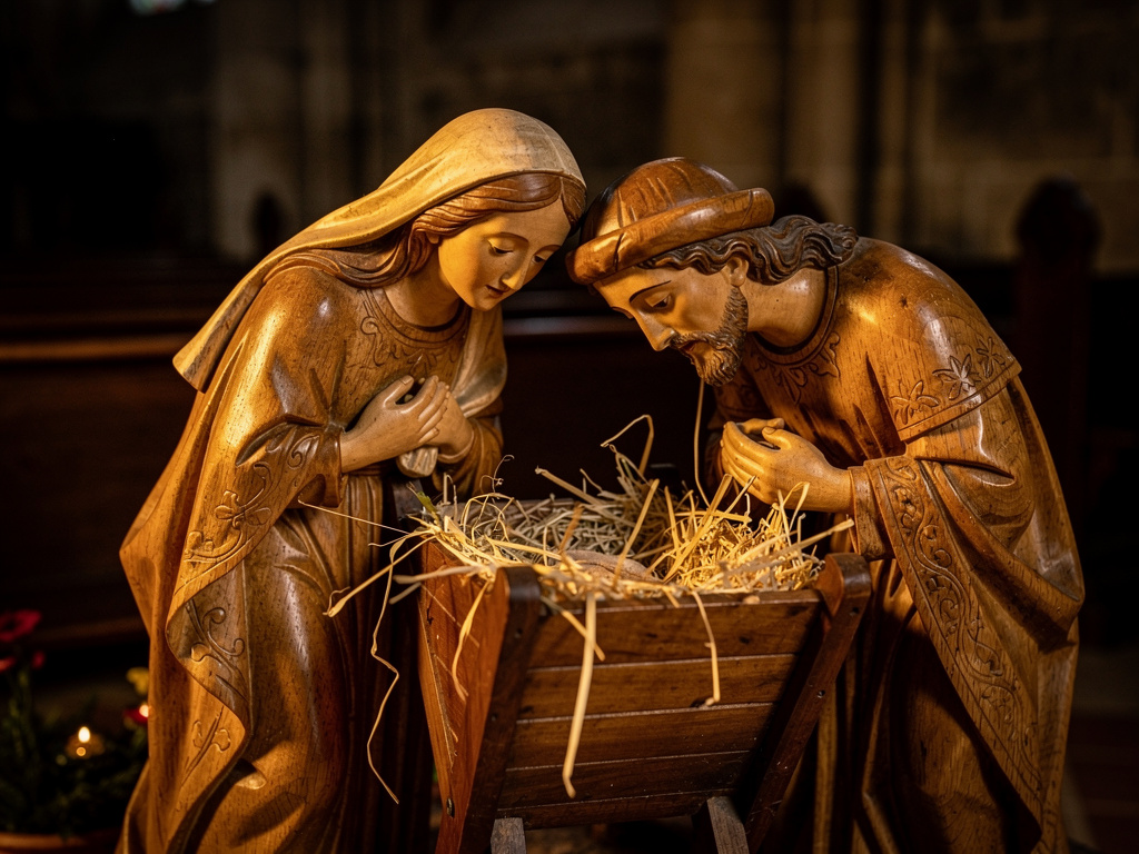 Weihnachtskrippe mit Maria und Josef in einer Kirche bei warmem Kerzenlicht